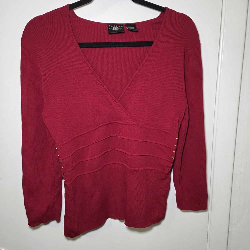 Taylor Red Sweater Womens Large Ribbed V Neck Studded‎ 3/4 Sleeve